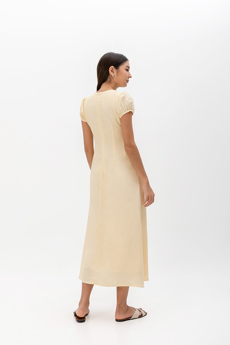KAISLEY PUFF SLEEVE BUTTON LINEN DRESS