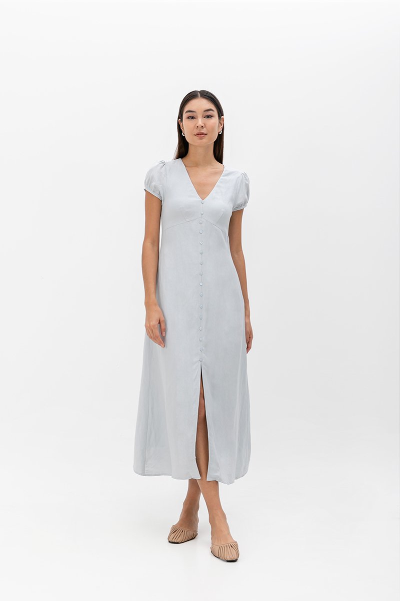 KAISLEY PUFF SLEEVE BUTTON LINEN DRESS