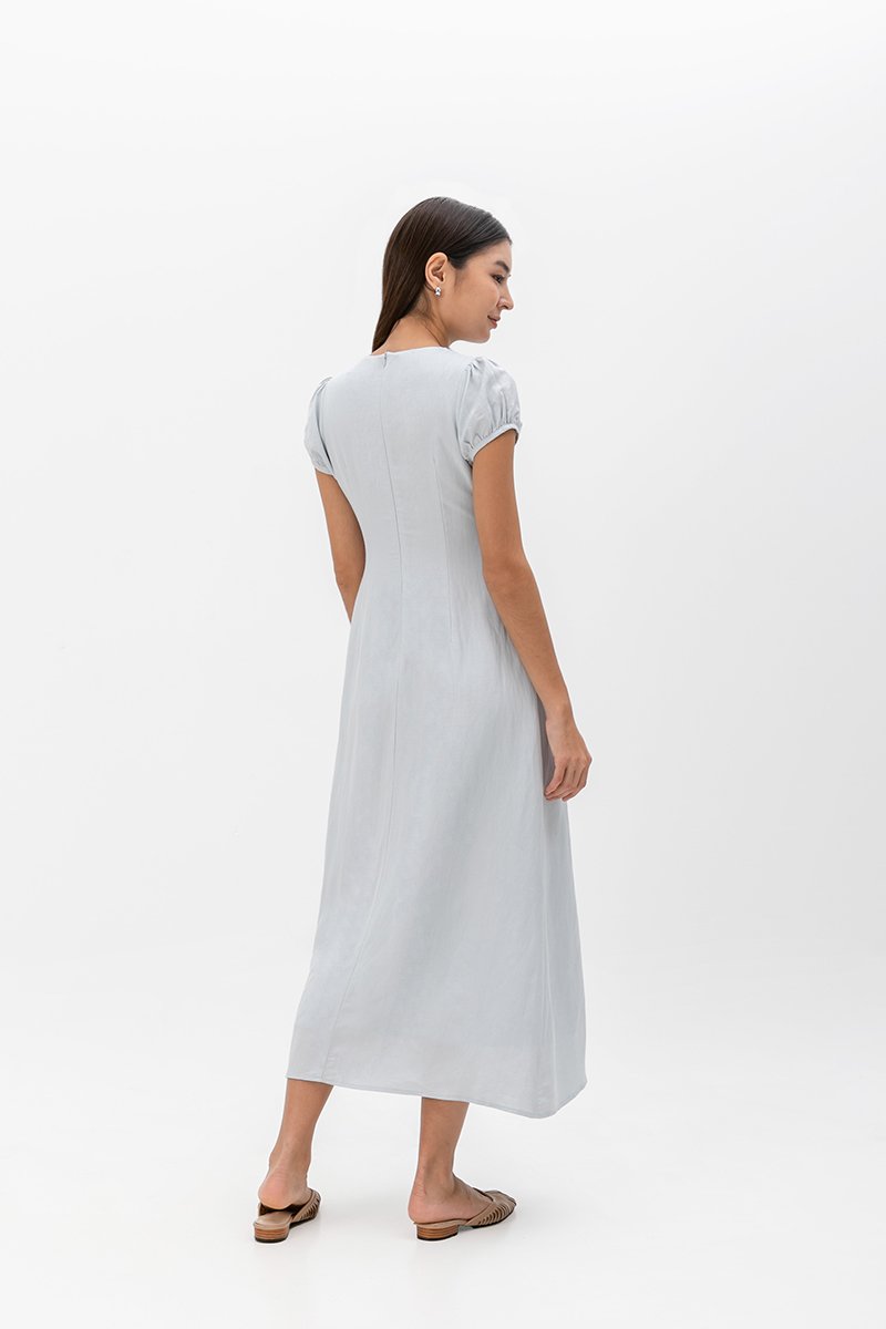 KAISLEY PUFF SLEEVE BUTTON LINEN DRESS