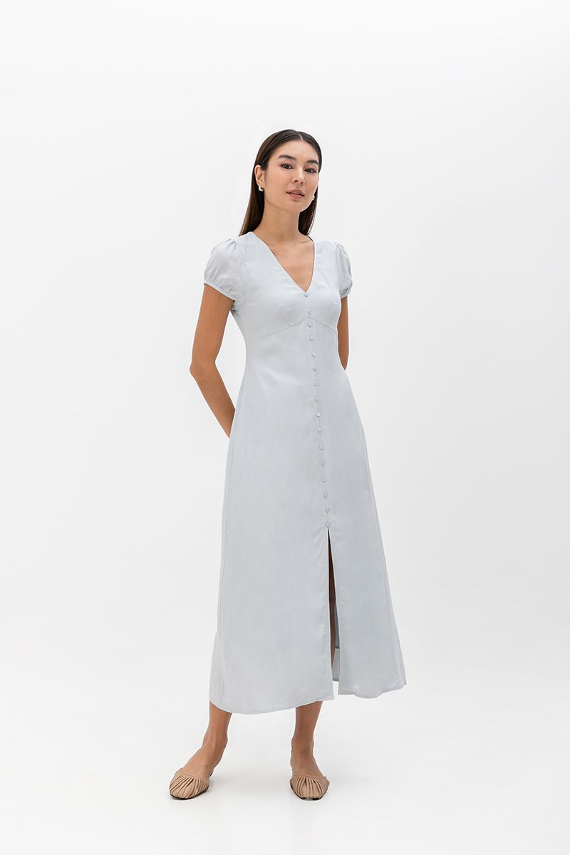 KAISLEY PUFF SLEEVE BUTTON LINEN DRESS