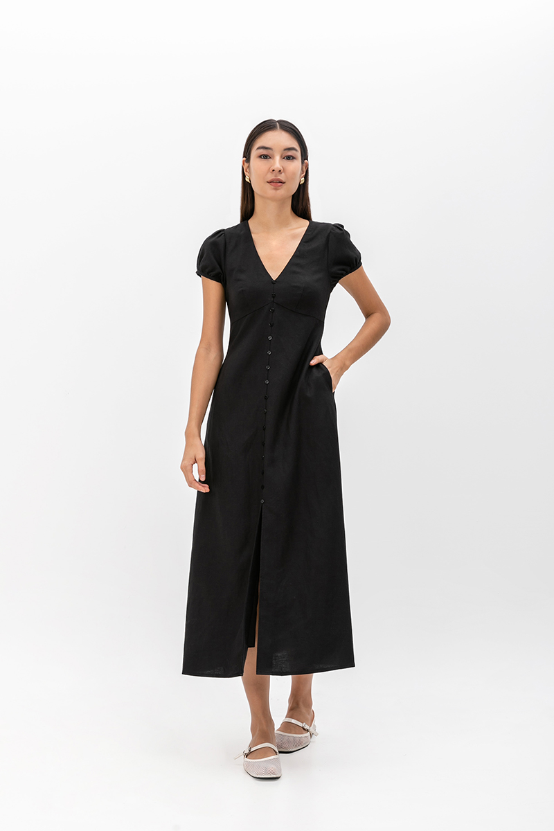 KAISLEY PUFF SLEEVE BUTTON LINEN DRESS