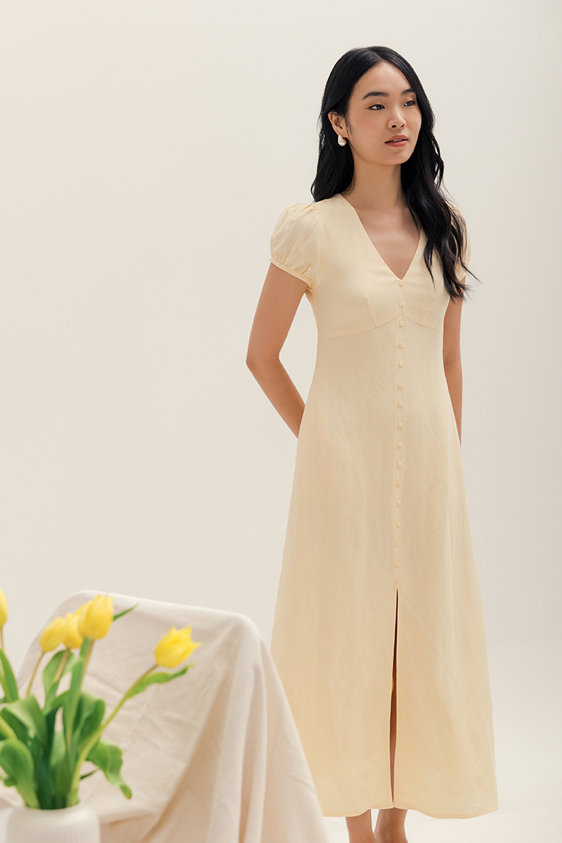 KAISLEY PUFF SLEEVE BUTTON LINEN DRESS