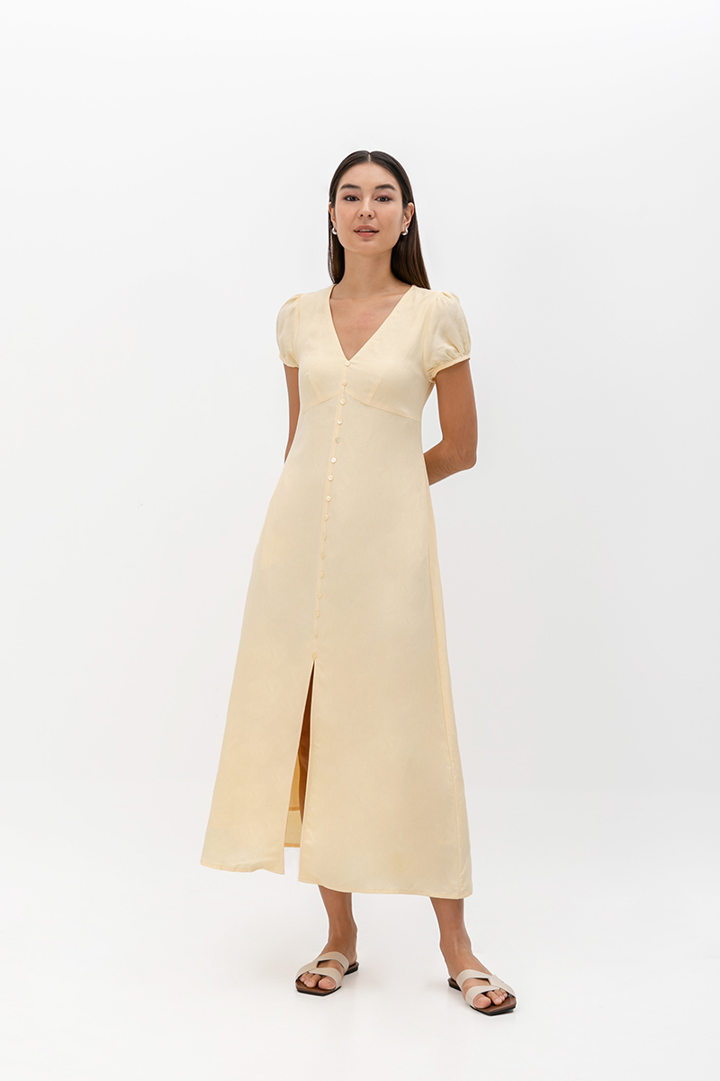 KAISLEY PUFF SLEEVE BUTTON LINEN DRESS