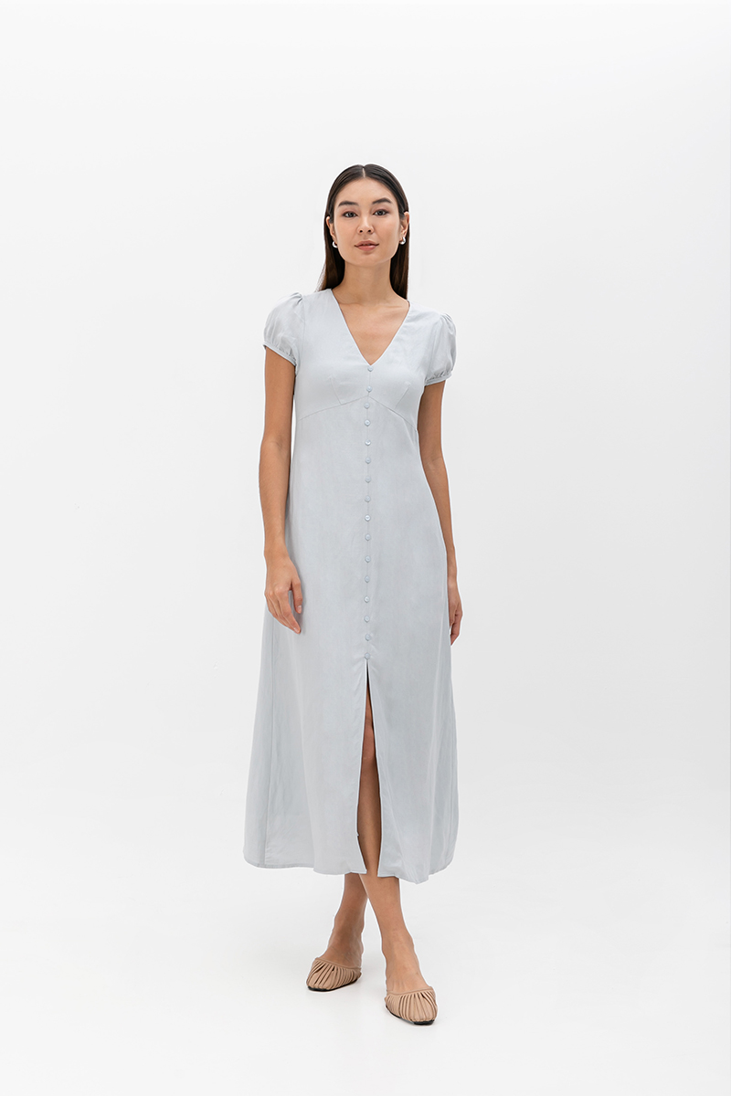 KAISLEY PUFF SLEEVE BUTTON LINEN DRESS