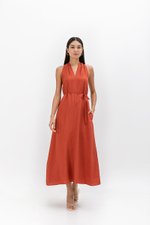 RYLENE LINEN HALTER TRAPEZE DRESS W SASH RYLENE LINEN HALTER TRAPEZE DRESS W SASH