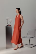 RYLENE LINEN HALTER TRAPEZE DRESS W SASH RYLENE LINEN HALTER TRAPEZE DRESS W SASH