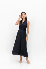 RYLENE LINEN HALTER TRAPEZE DRESS W SASH RYLENE LINEN HALTER TRAPEZE DRESS W SASH