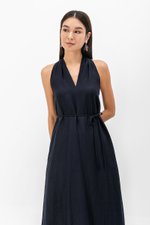 RYLENE LINEN HALTER TRAPEZE DRESS W SASH RYLENE LINEN HALTER TRAPEZE DRESS W SASH