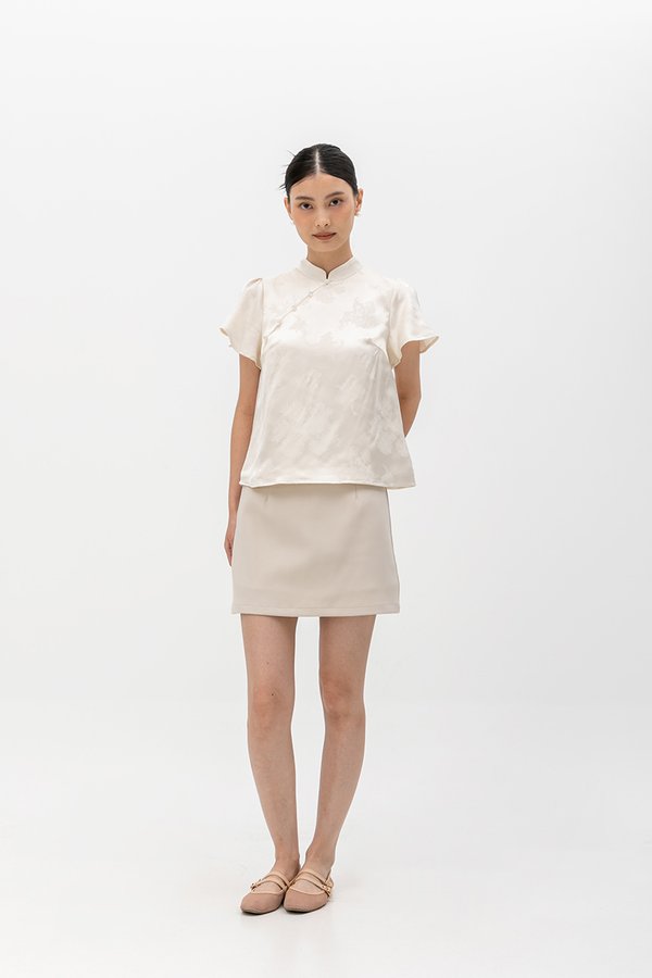 MYOKO FLORAL SATIN FLUTTER SLEEVE CHEONGSAM TOP