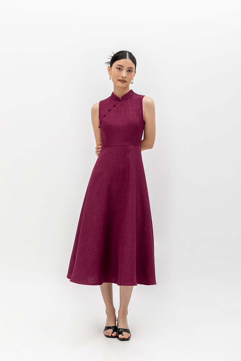 SADIE TEXTURED FIT AND FLARE CHEONGSAM DRESS