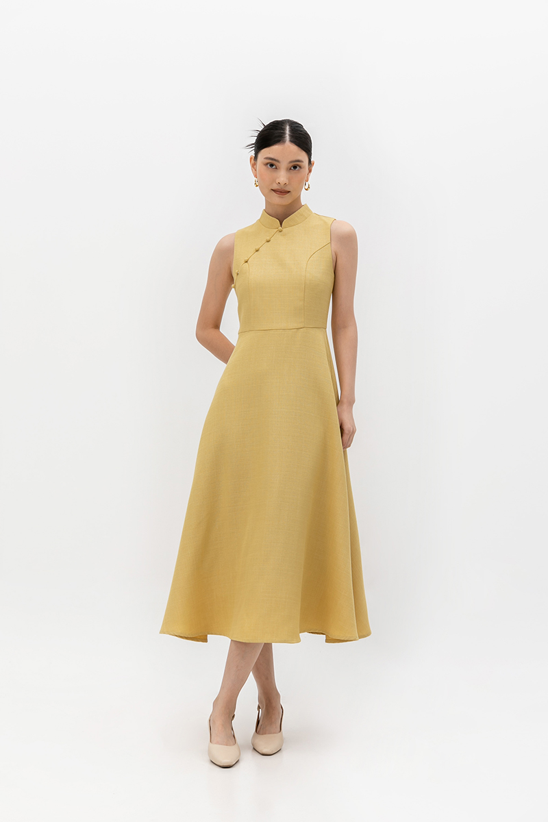 SADIE TEXTURED FIT AND FLARE CHEONGSAM DRESS