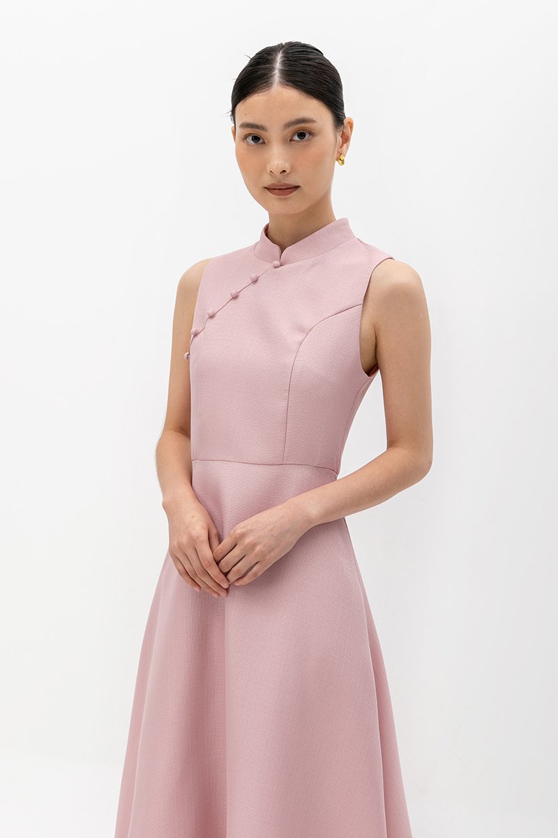 SADIE TEXTURED FIT AND FLARE CHEONGSAM DRESS