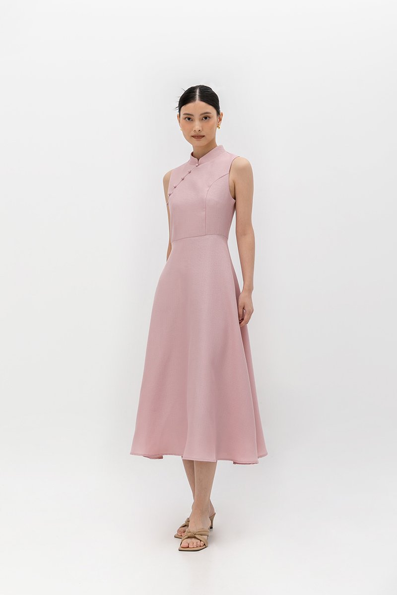 SADIE TEXTURED FIT AND FLARE CHEONGSAM DRESS