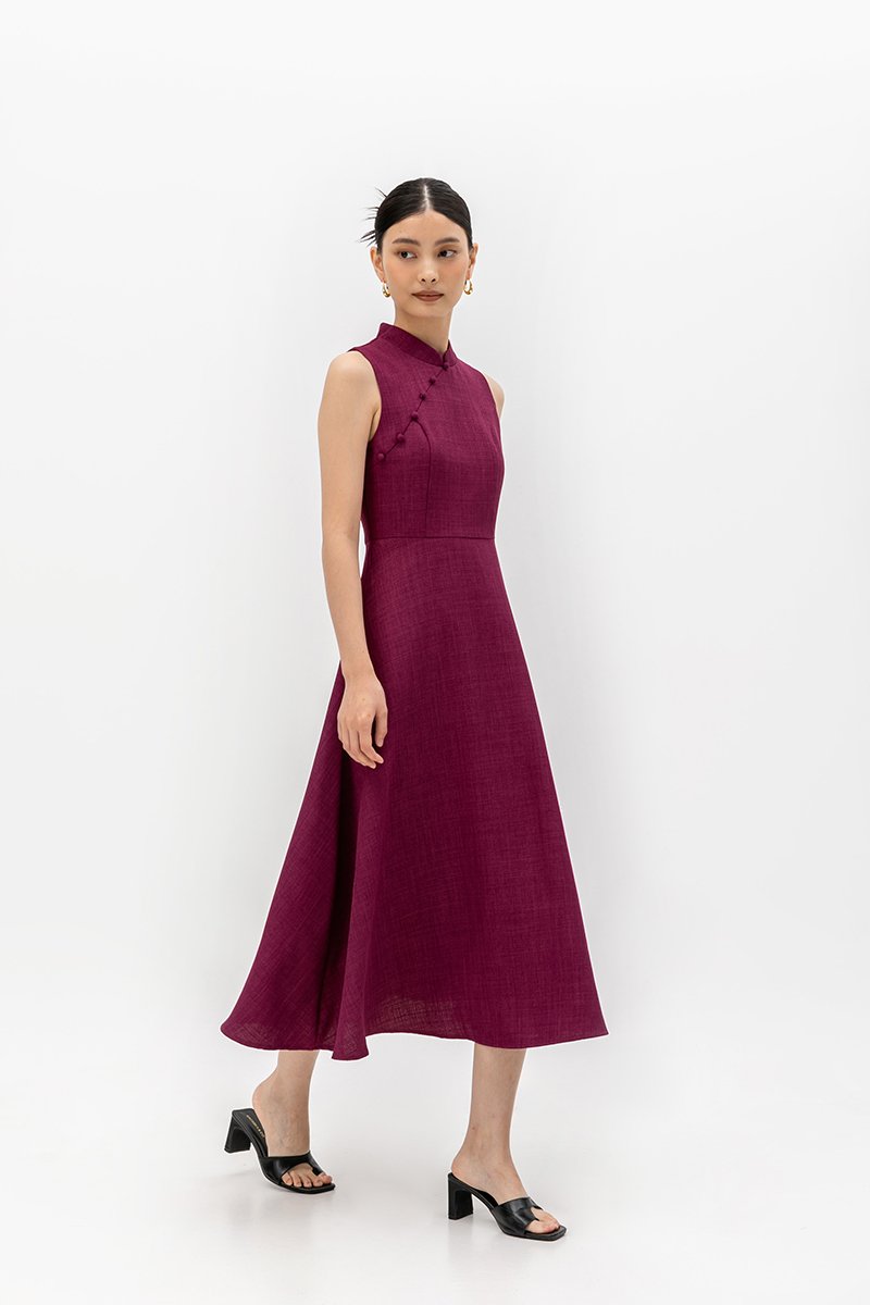 SADIE TEXTURED FIT AND FLARE CHEONGSAM DRESS