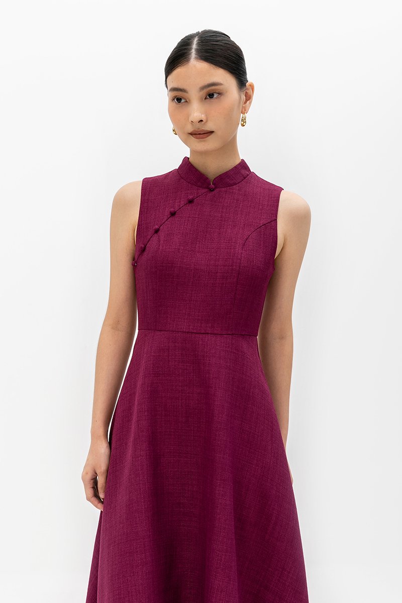 SADIE TEXTURED FIT AND FLARE CHEONGSAM DRESS
