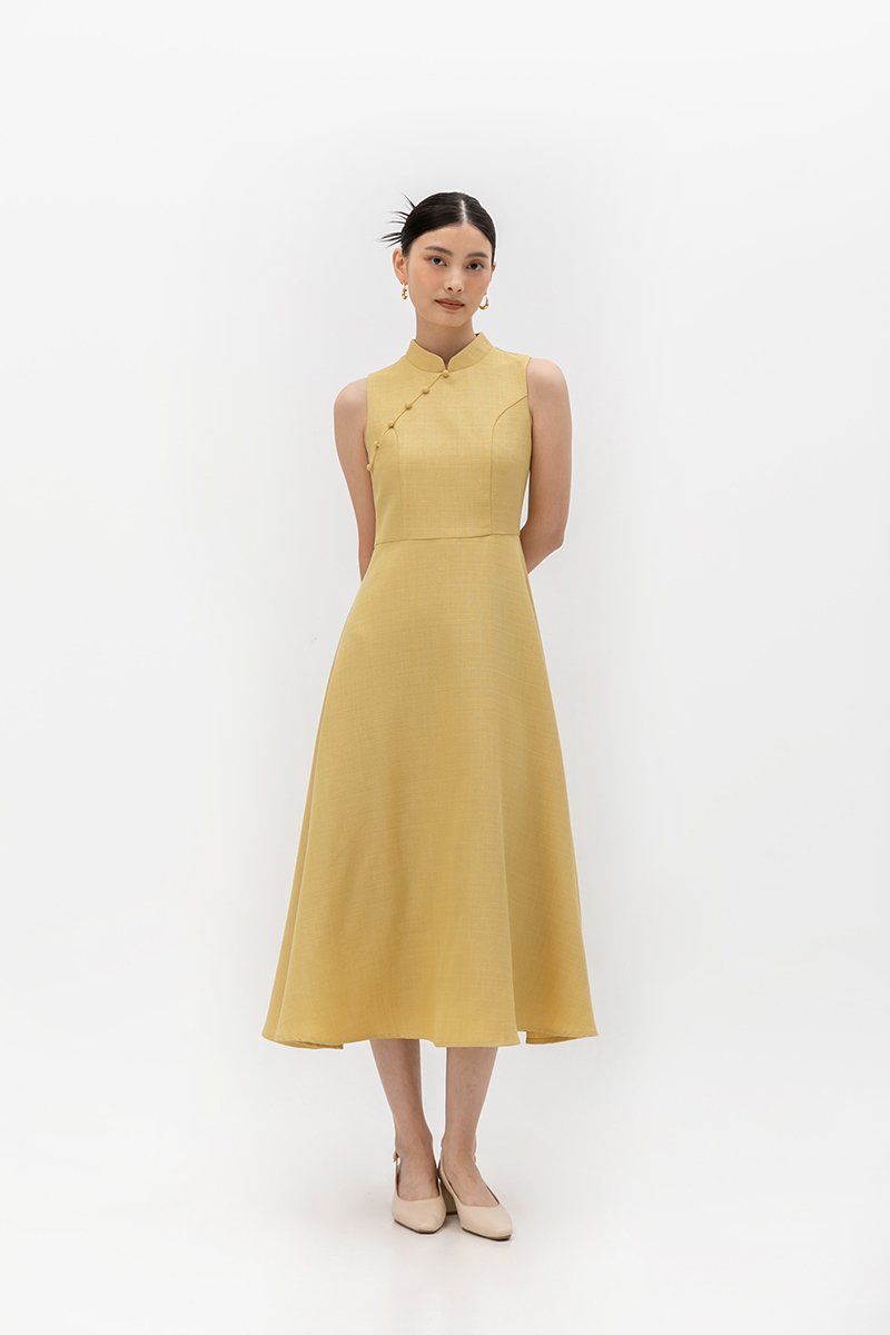 SADIE TEXTURED FIT AND FLARE CHEONGSAM DRESS
