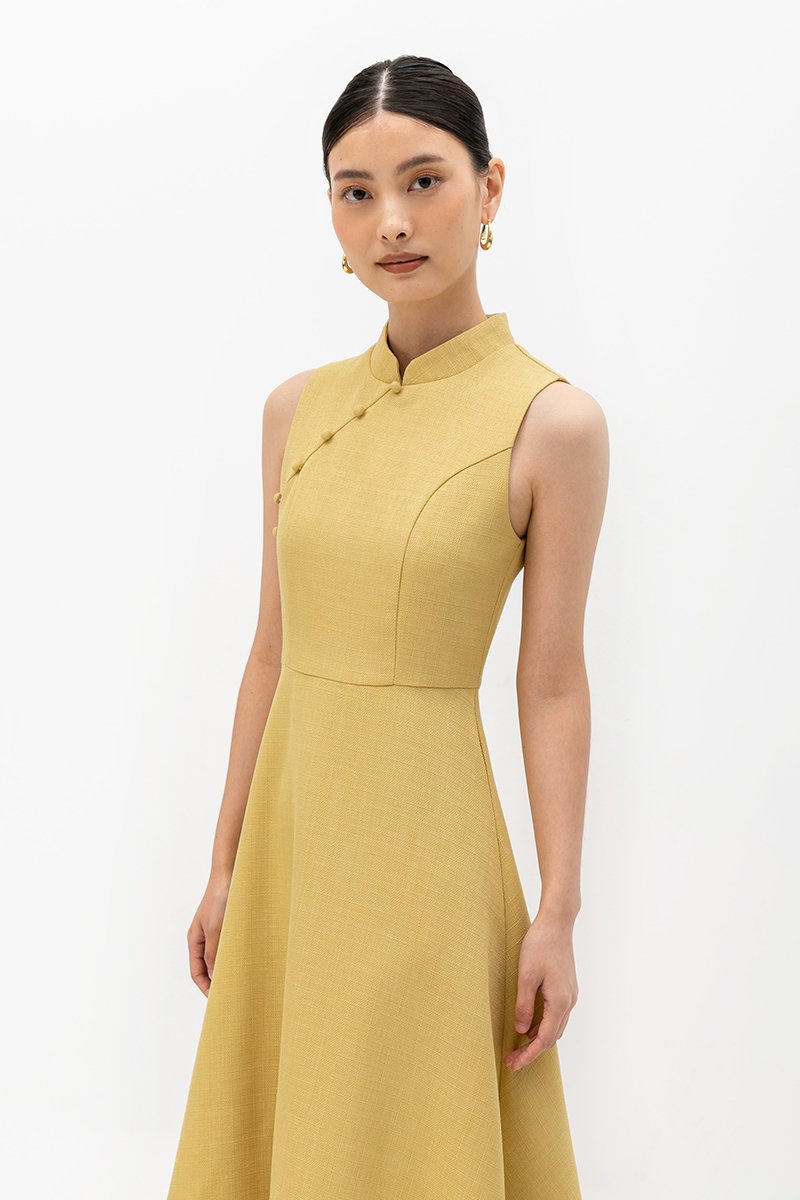 SADIE TEXTURED FIT AND FLARE CHEONGSAM DRESS