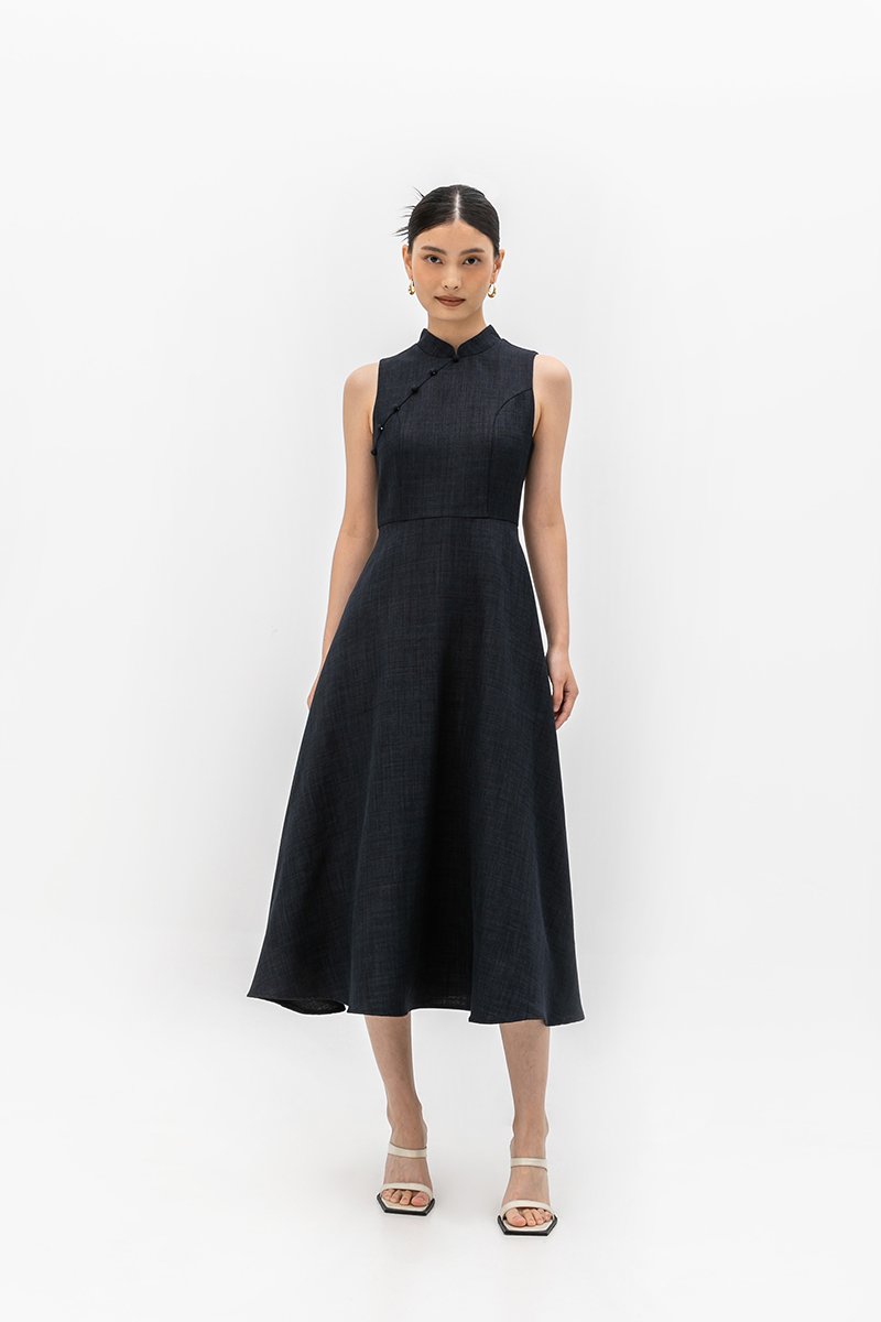 SADIE TEXTURED FIT AND FLARE CHEONGSAM DRESS