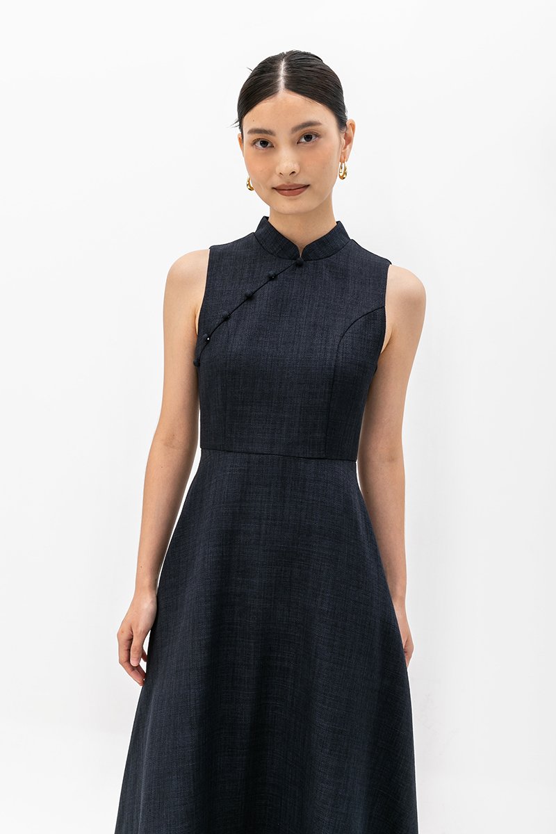 SADIE TEXTURED FIT AND FLARE CHEONGSAM DRESS