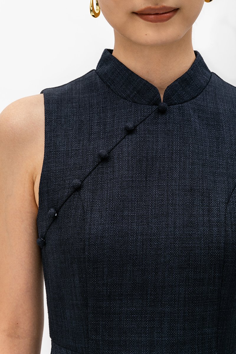SADIE TEXTURED FIT AND FLARE CHEONGSAM DRESS