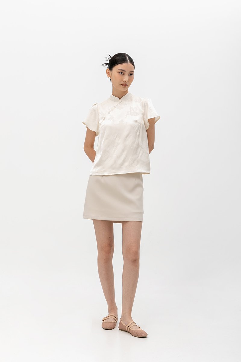 MYOKO FLORAL SATIN FLUTTER SLEEVE CHEONGSAM TOP