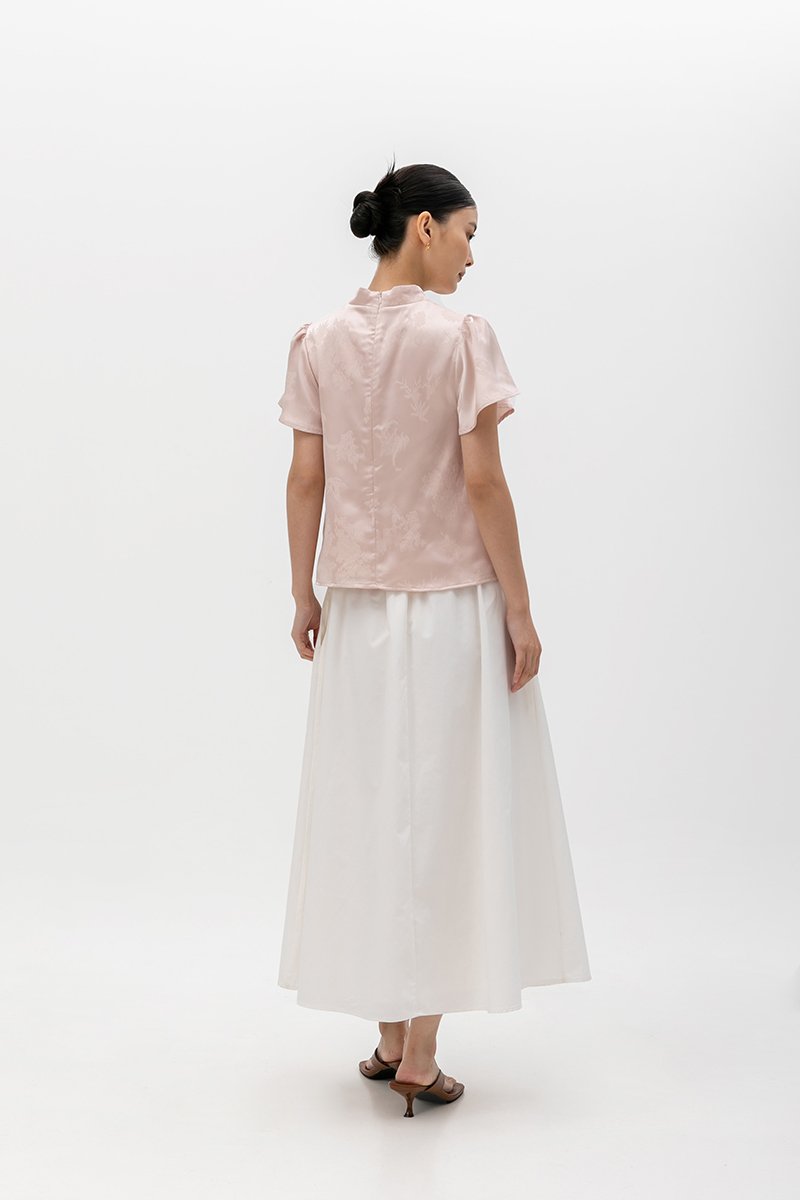 MYOKO FLORAL SATIN FLUTTER SLEEVE CHEONGSAM TOP