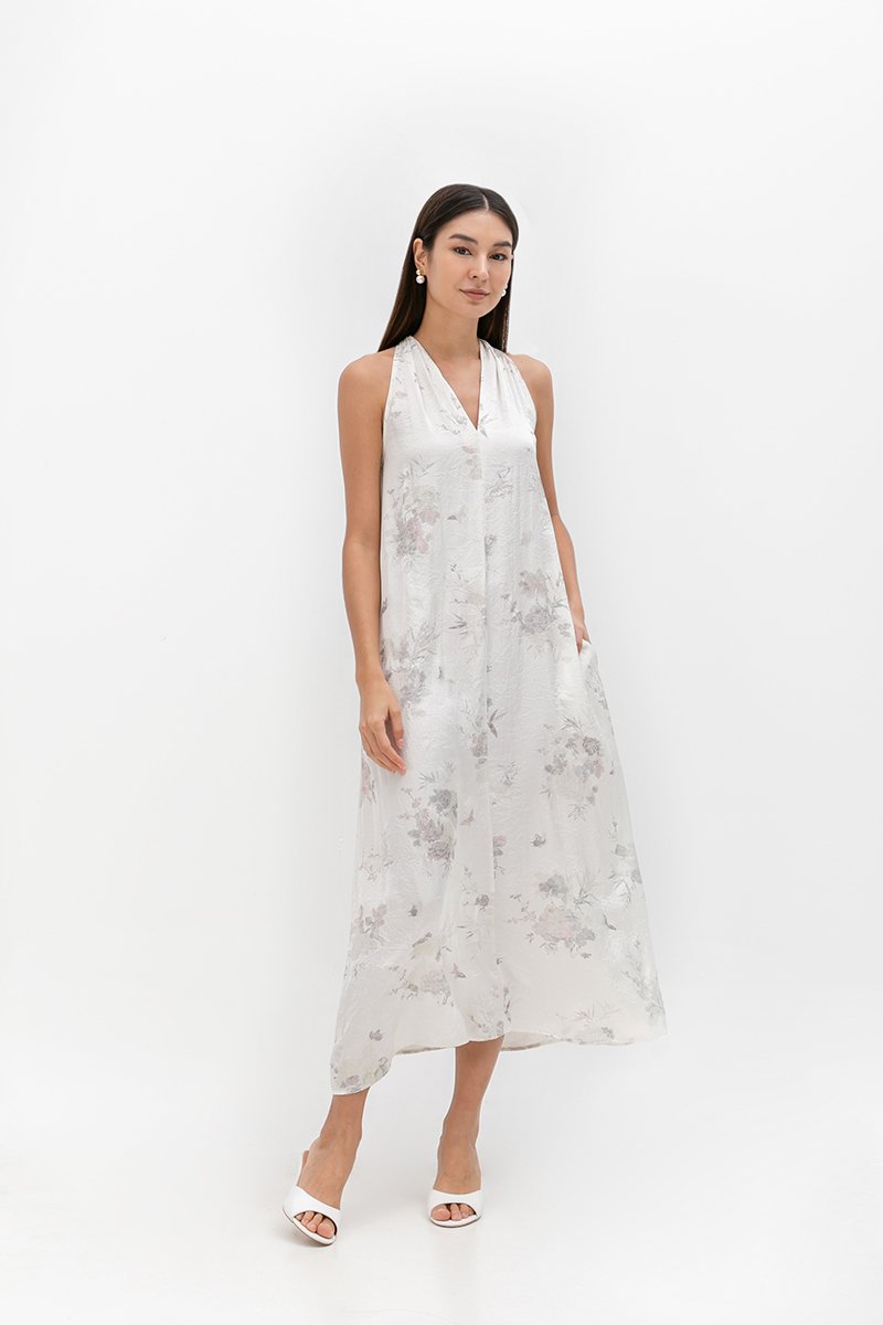 SHIORI FLORAL PRINTED TRAPEZE SATIN DRESS W SASH