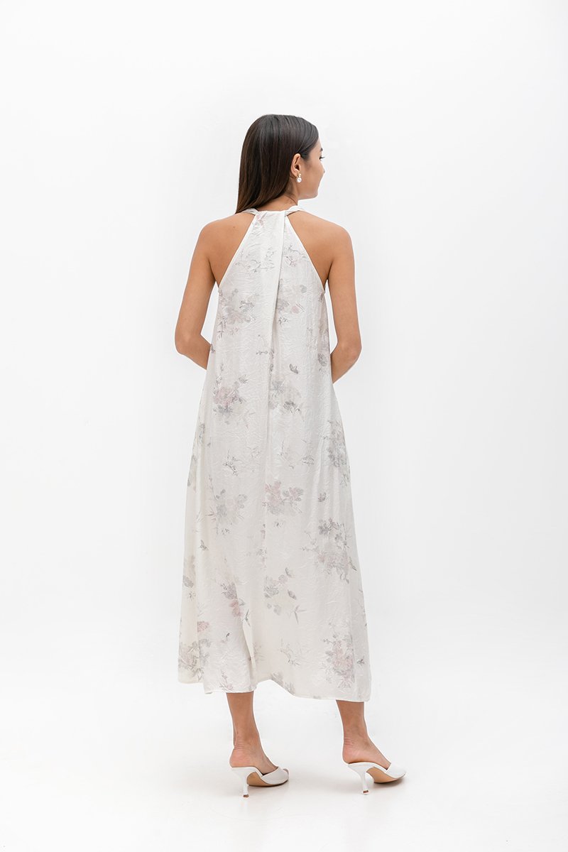 SHIORI FLORAL PRINTED TRAPEZE SATIN DRESS W SASH