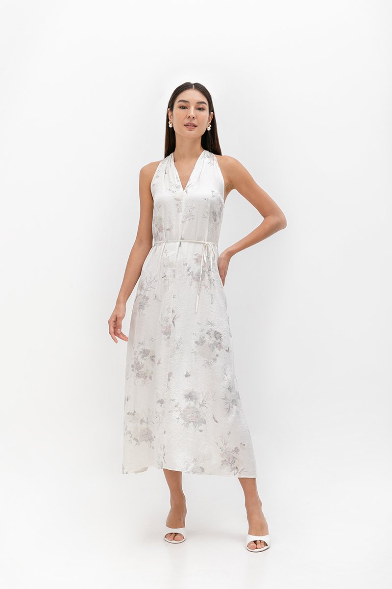 SHIORI FLORAL PRINTED TRAPEZE SATIN DRESS W SASH