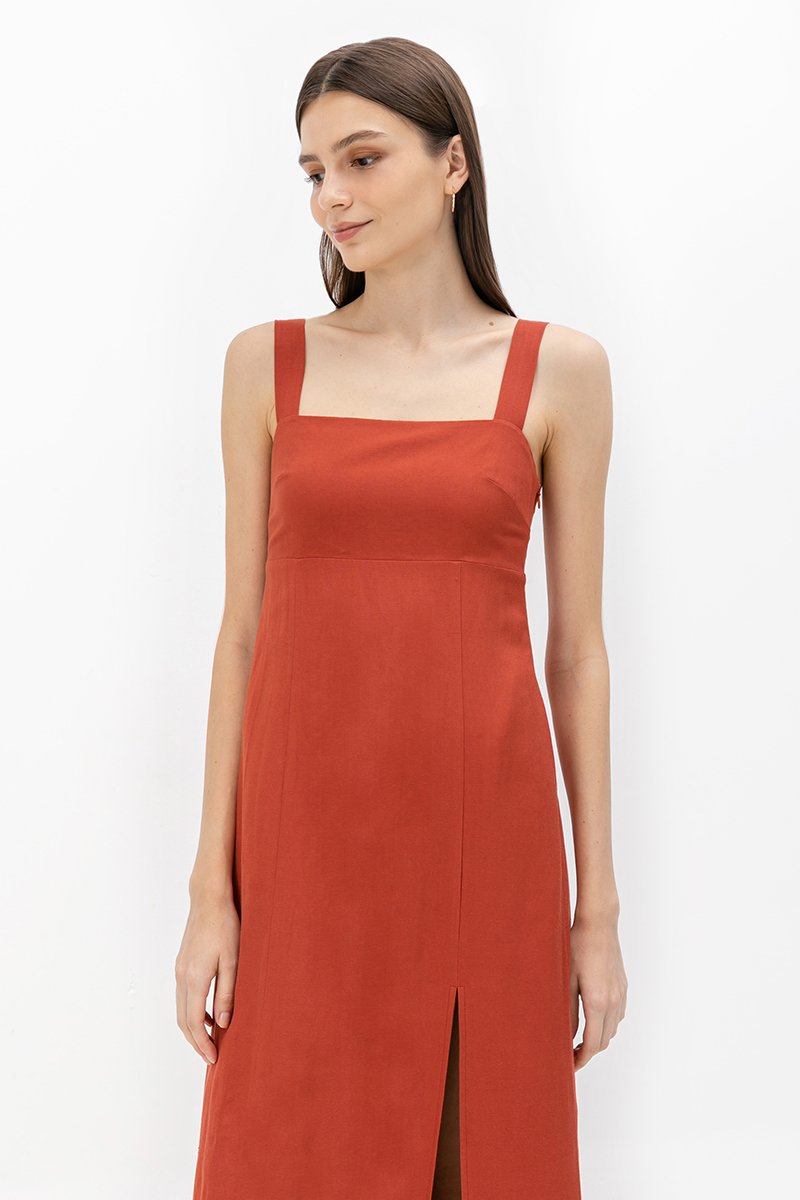 MARINA THICK STRAP LINEN MIDI DRESS