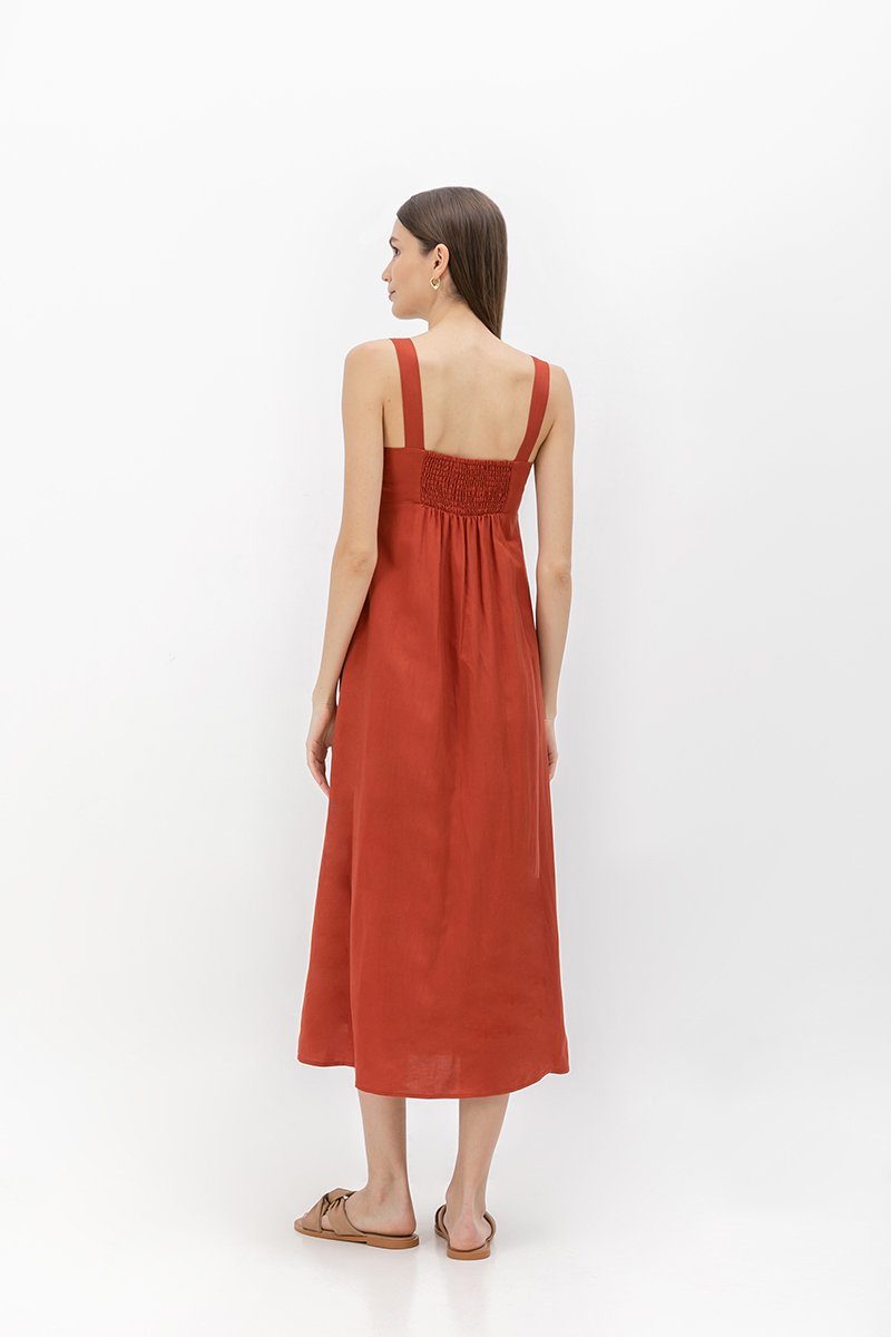 MARINA THICK STRAP LINEN MIDI DRESS