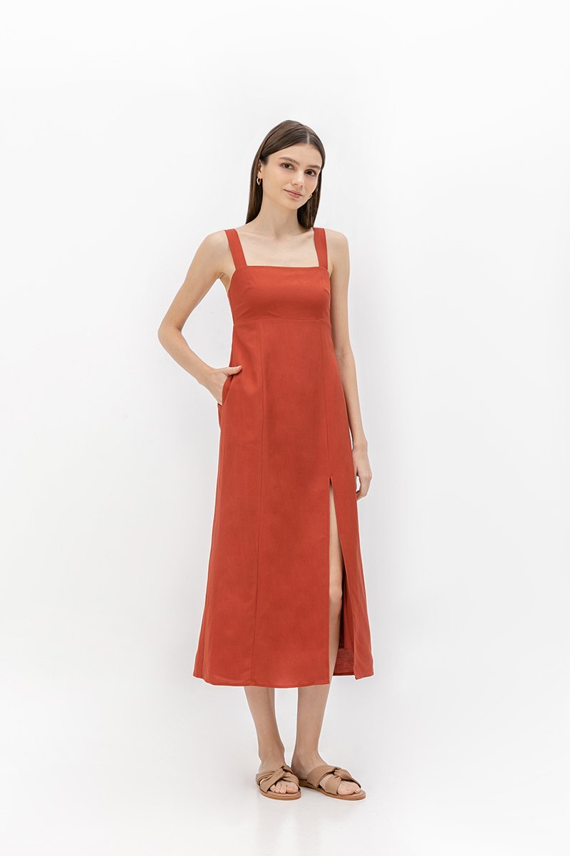 MARINA THICK STRAP LINEN MIDI DRESS