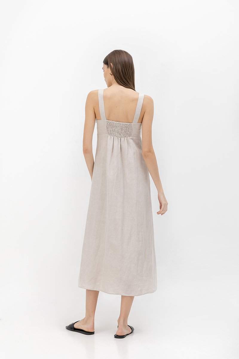 MARINA THICK STRAP LINEN MIDI DRESS
