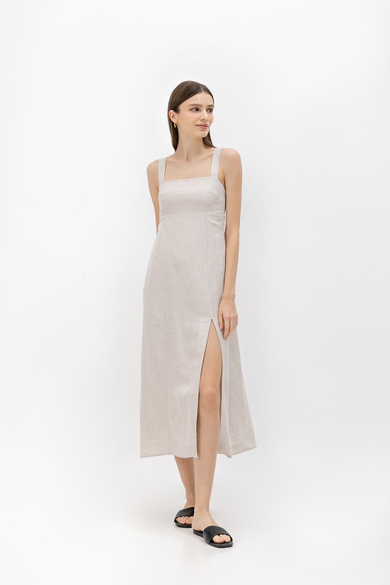 MARINA THICK STRAP LINEN MIDI DRESS