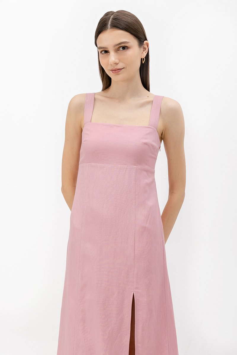 MARINA THICK STRAP LINEN MIDI DRESS