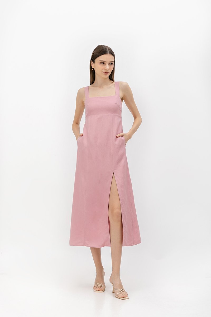 MARINA THICK STRAP LINEN MIDI DRESS
