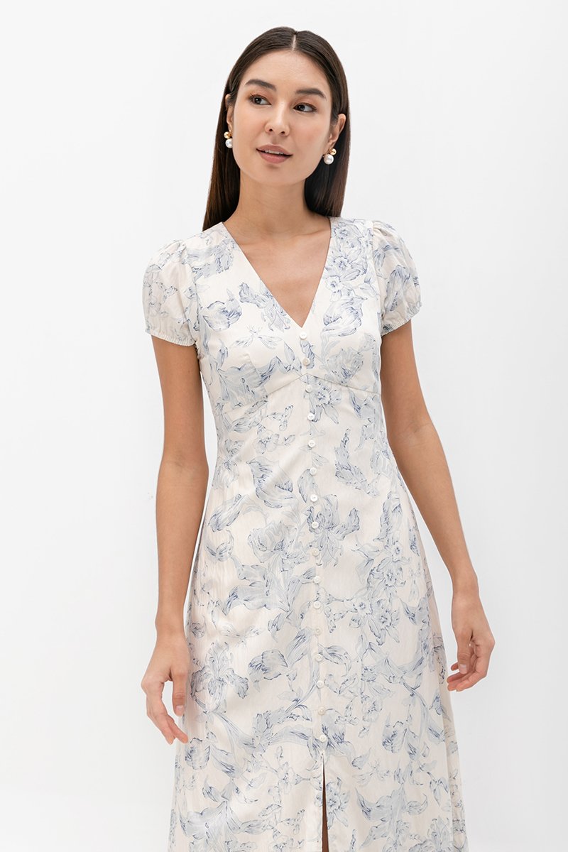 LEYLA FLORAL PRINTED PUFF SLEEVE MIDI DRESS