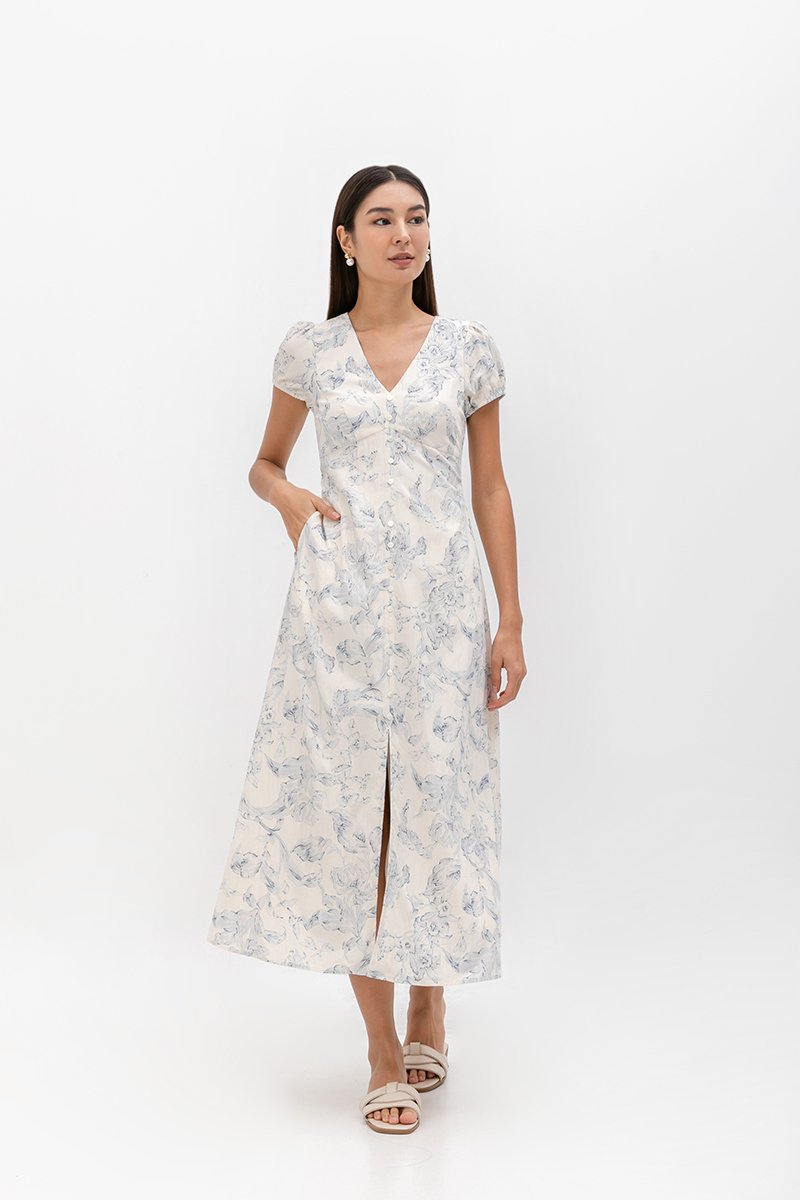 LEYLA FLORAL PRINTED PUFF SLEEVE MIDI DRESS