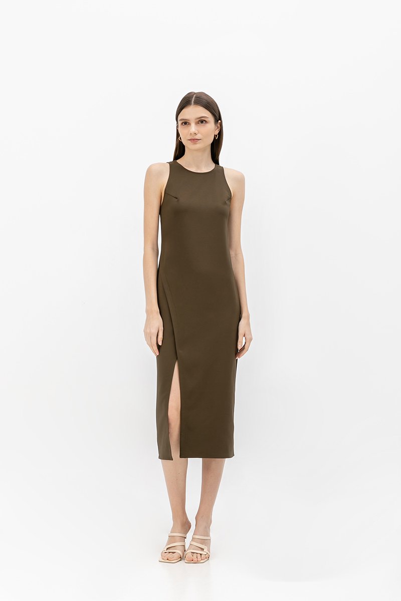 SAVINA ASYMMETRIC SHEATH MIDI DRESS
