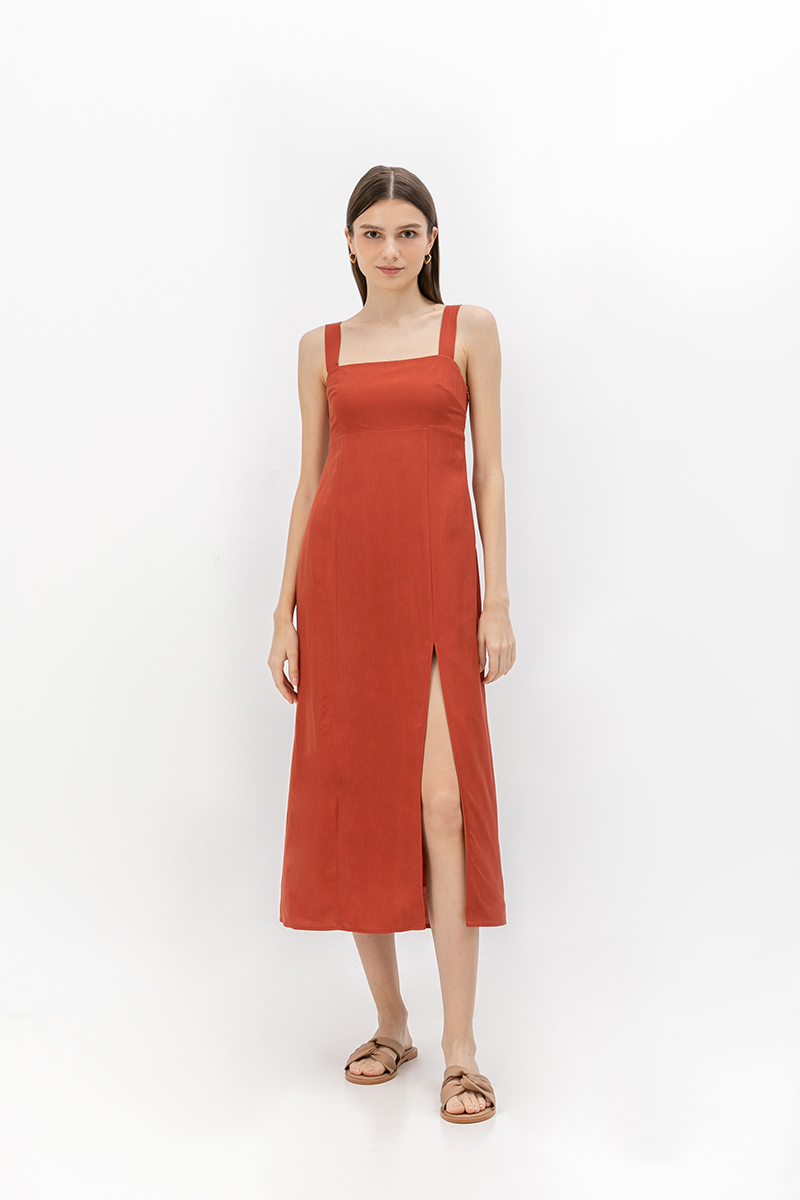 MARINA THICK STRAP LINEN MIDI DRESS