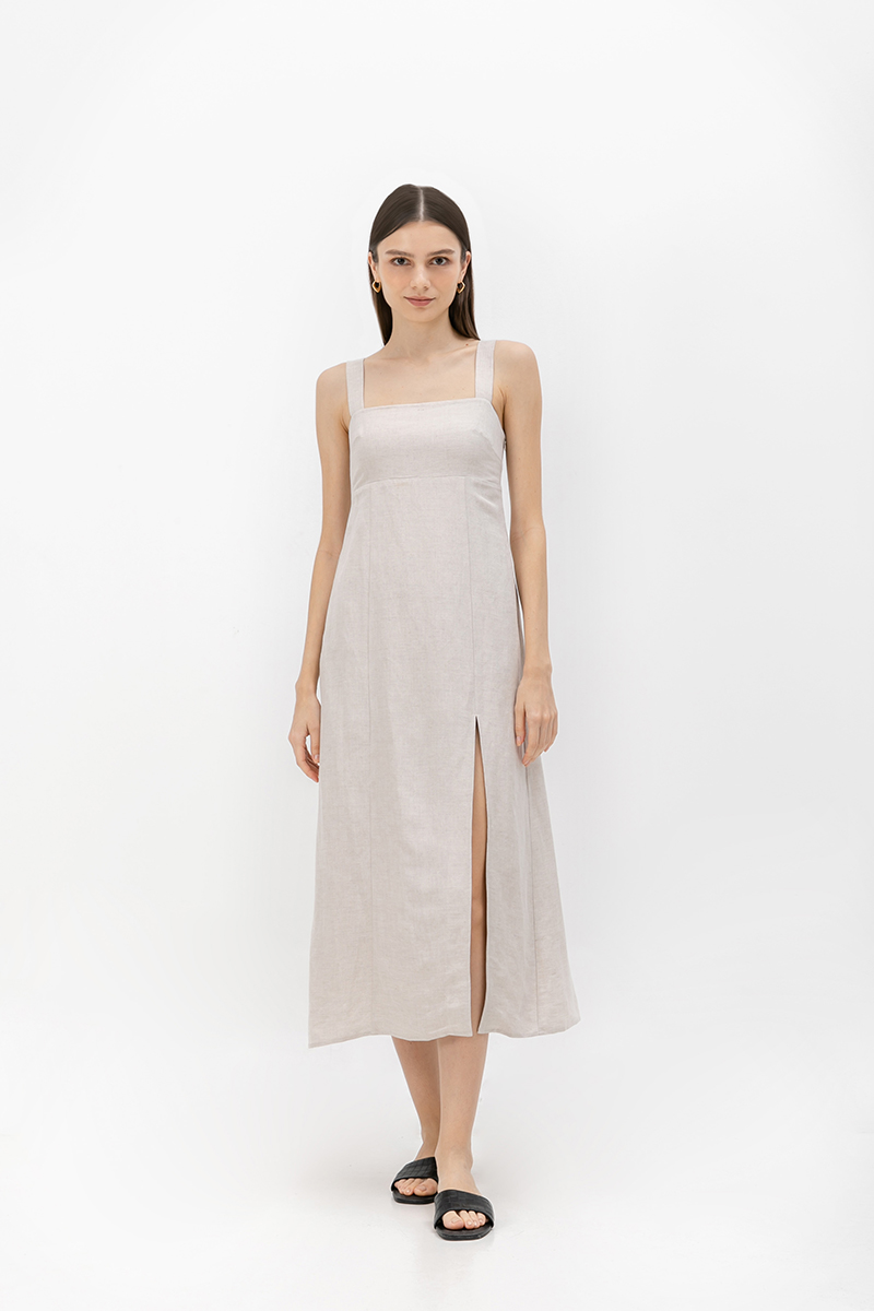 MARINA THICK STRAP LINEN MIDI DRESS