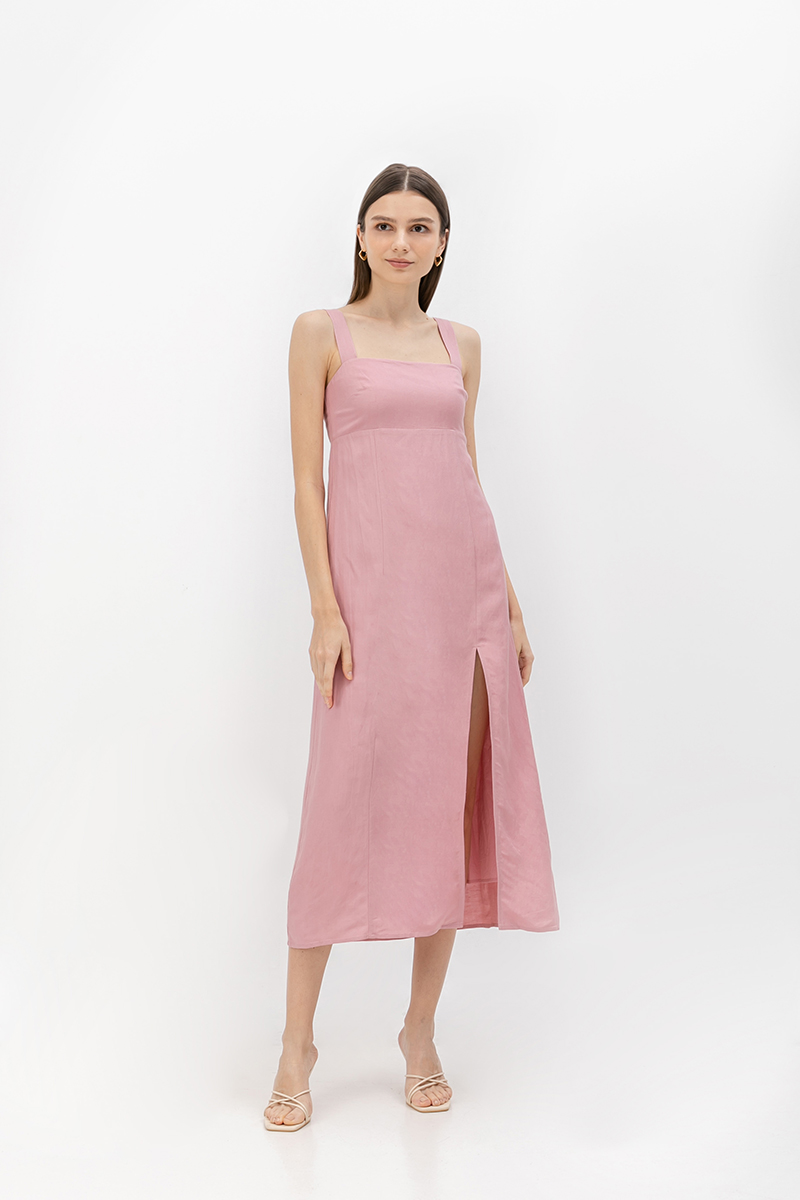 MARINA THICK STRAP LINEN MIDI DRESS