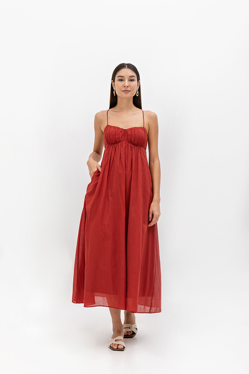 TAYLA RUCHED TIE BACK LINEN DRESS