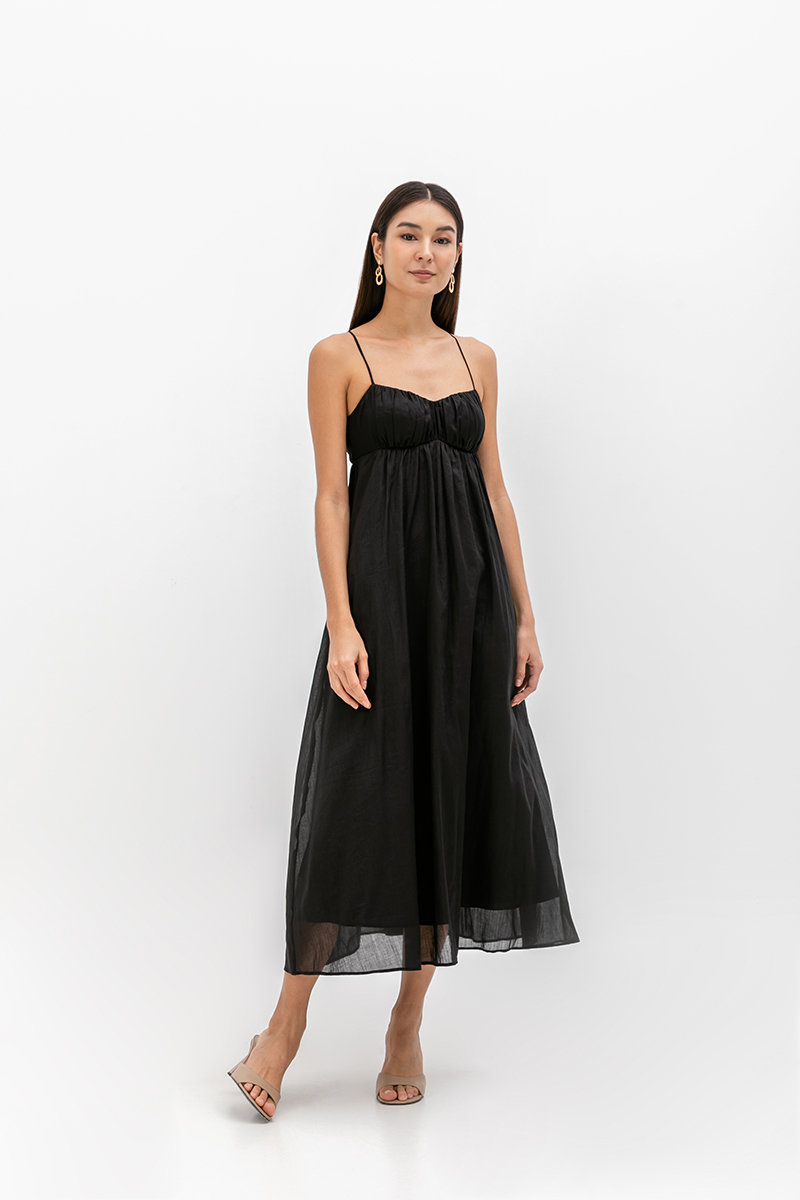 TAYLA RUCHED TIE BACK LINEN DRESS