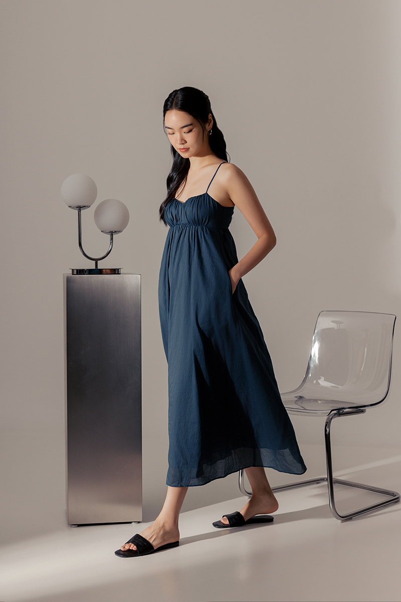 TAYLA RUCHED TIE BACK LINEN DRESS