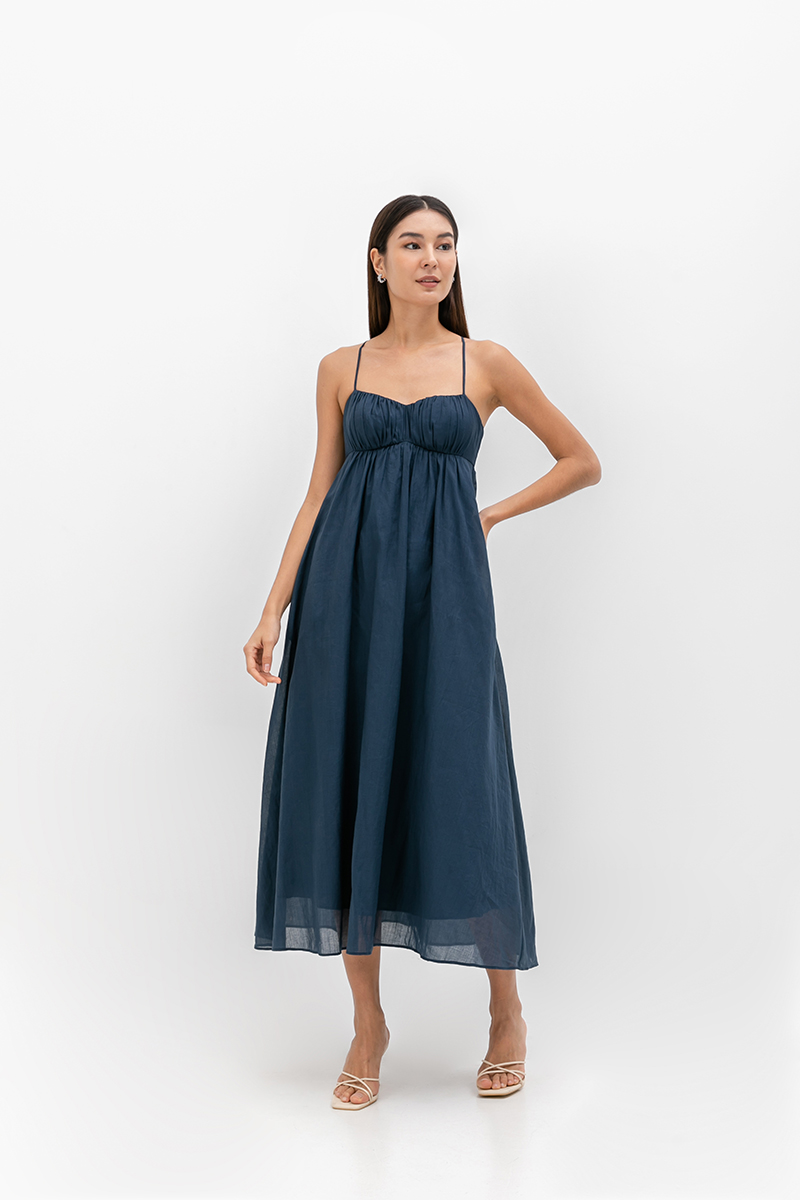 TAYLA RUCHED TIE BACK LINEN DRESS