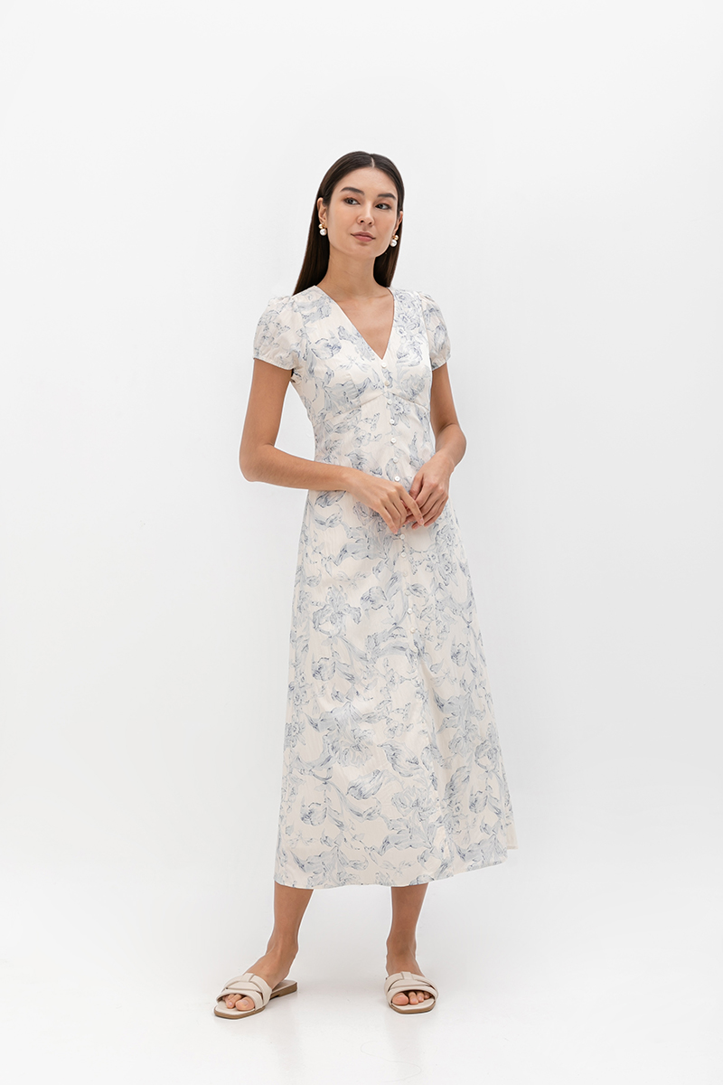 LEYLA FLORAL PRINTED PUFF SLEEVE MIDI DRESS