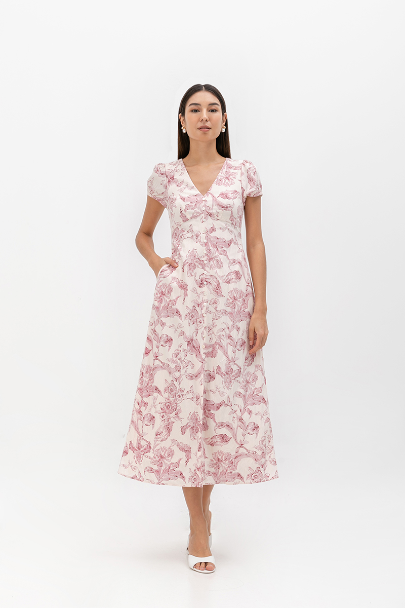 LEYLA FLORAL PRINTED PUFF SLEEVE MIDI DRESS