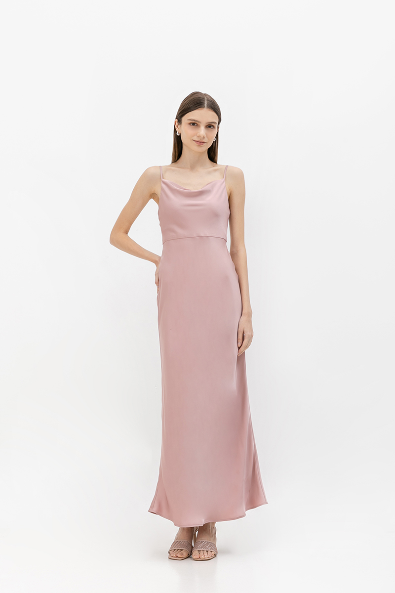 SICILY COWL NECK DRAPE SATIN DRESS