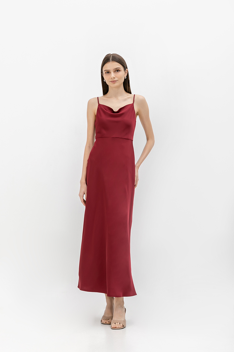 SICILY COWL NECK DRAPE SATIN DRESS